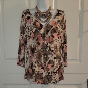 Floral V-Neck Blouse - Pink and Brown